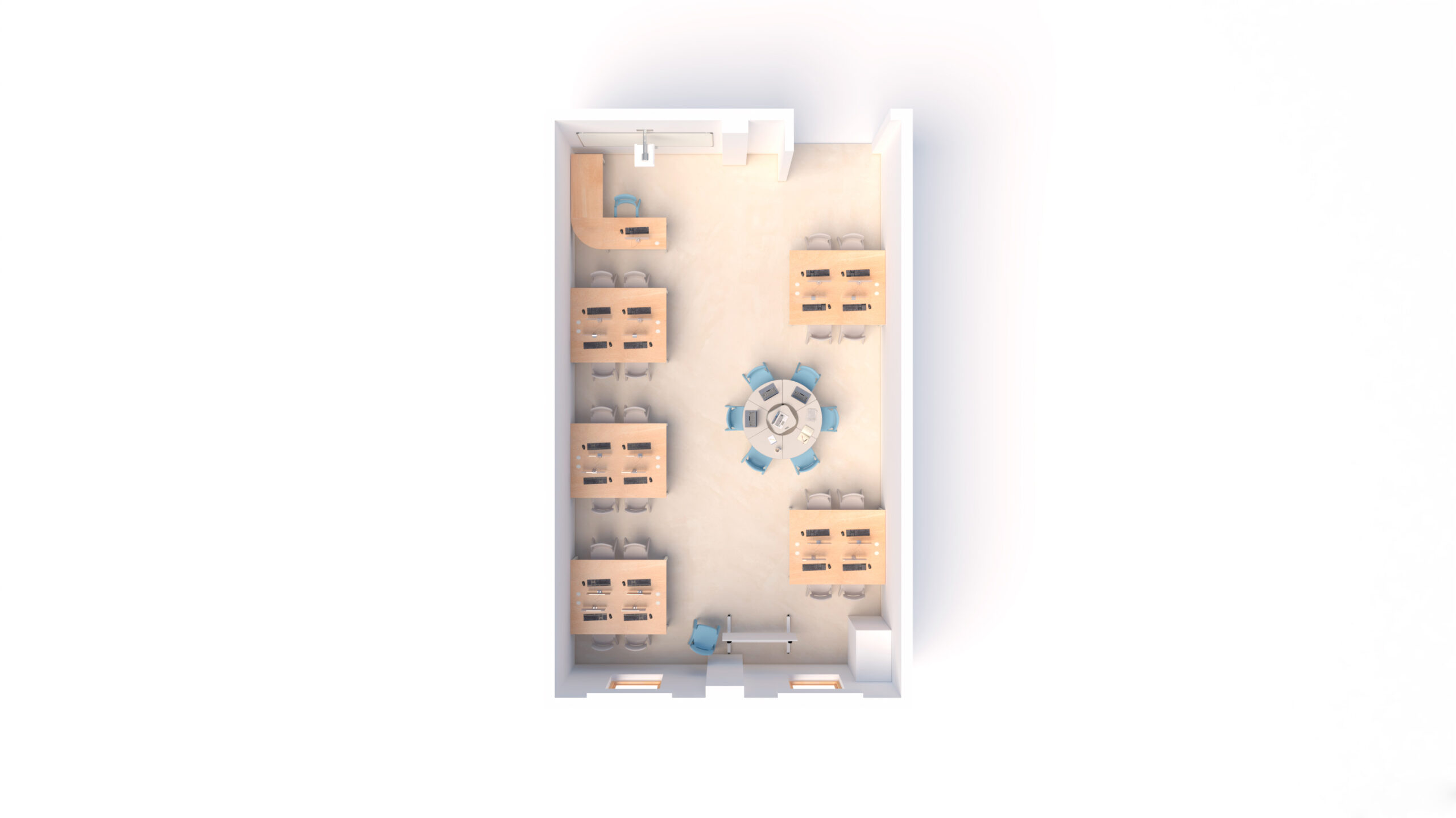 Vue de haut en bas d'une salle de classe avec des bureaux disposés en rangées des deux côtés, une table ronde avec des chaises au centre, un bureau d'enseignant à l'avant, et des étagères ou des meubles de rangement le long des murs.