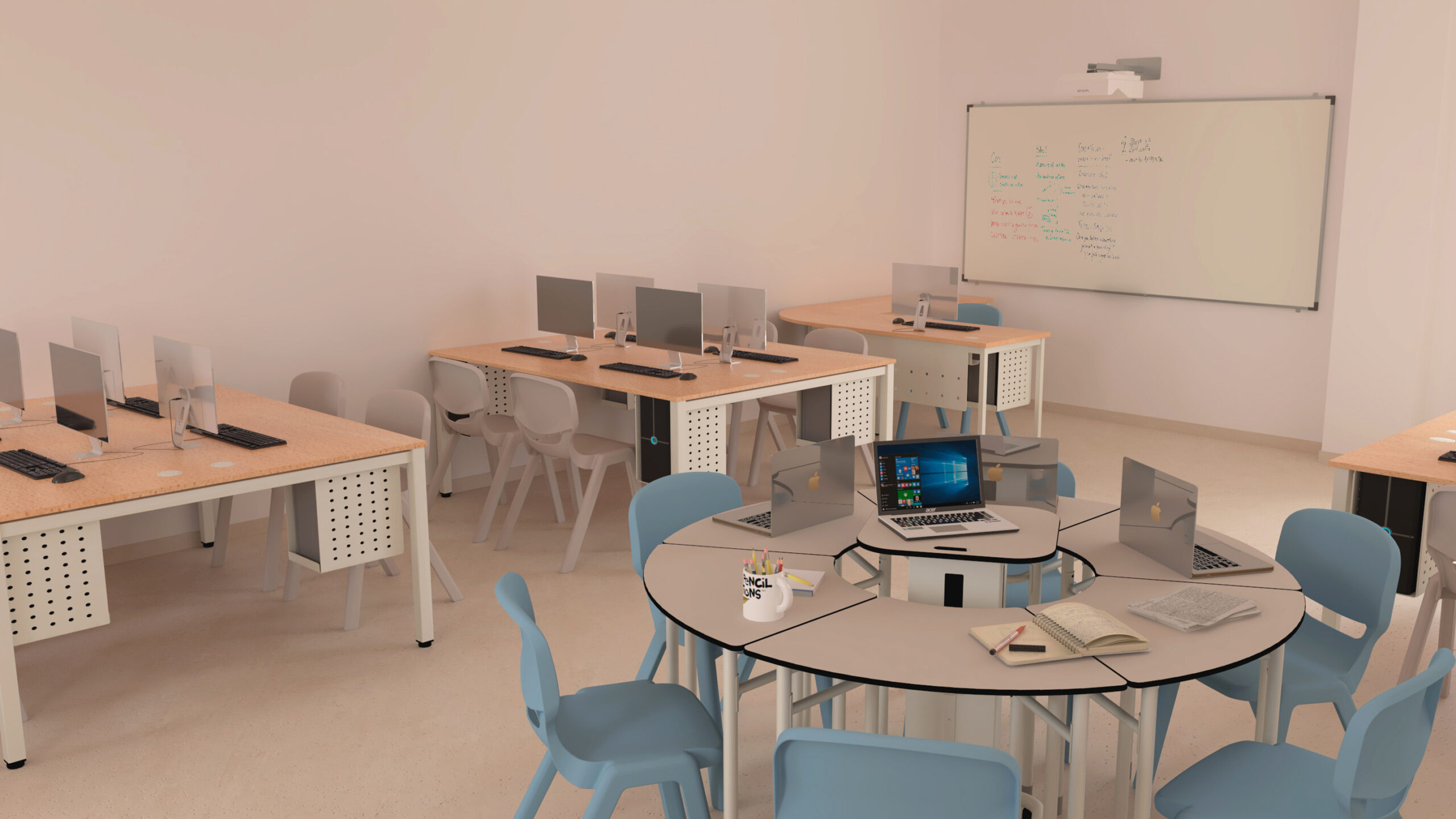 Une salle de classe moderne avec des bureaux, des ordinateurs de bureau, des chaises bleues, une table circulaire avec des ordinateurs portables, des livres ouverts et des articles de papeterie. Un tableau blanc avec des notes est fixé au mur à l'avant de la salle.