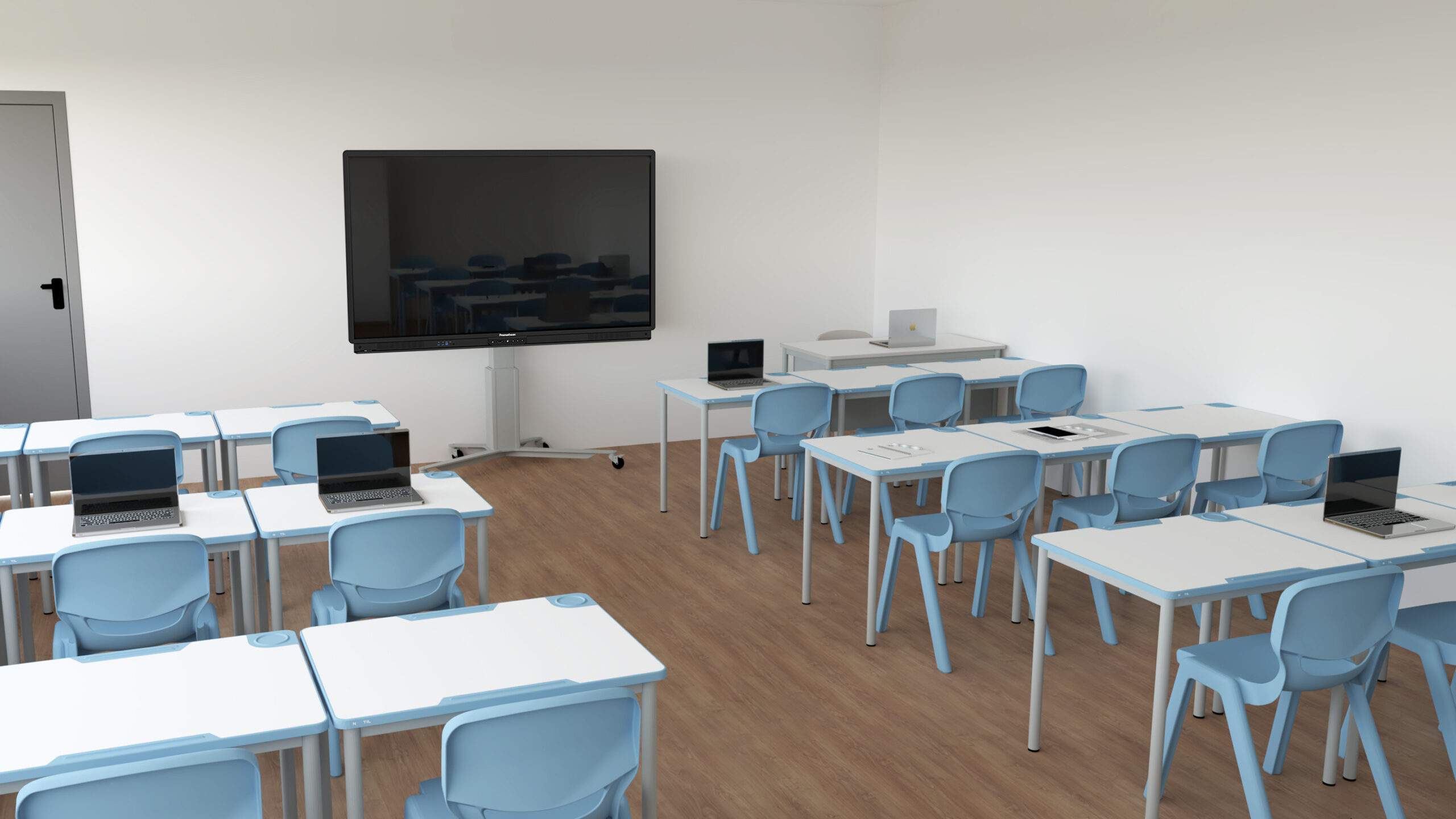 Une école numérique moderne avec des chaises bleu clair et des bureaux blancs, chaque bureau étant équipé d'un ordinateur portable. Il y a un grand écran interactif à l'avant et plusieurs ordinateurs portables sur le bureau du professeur, parfaits pour l'enseignement en ligne.