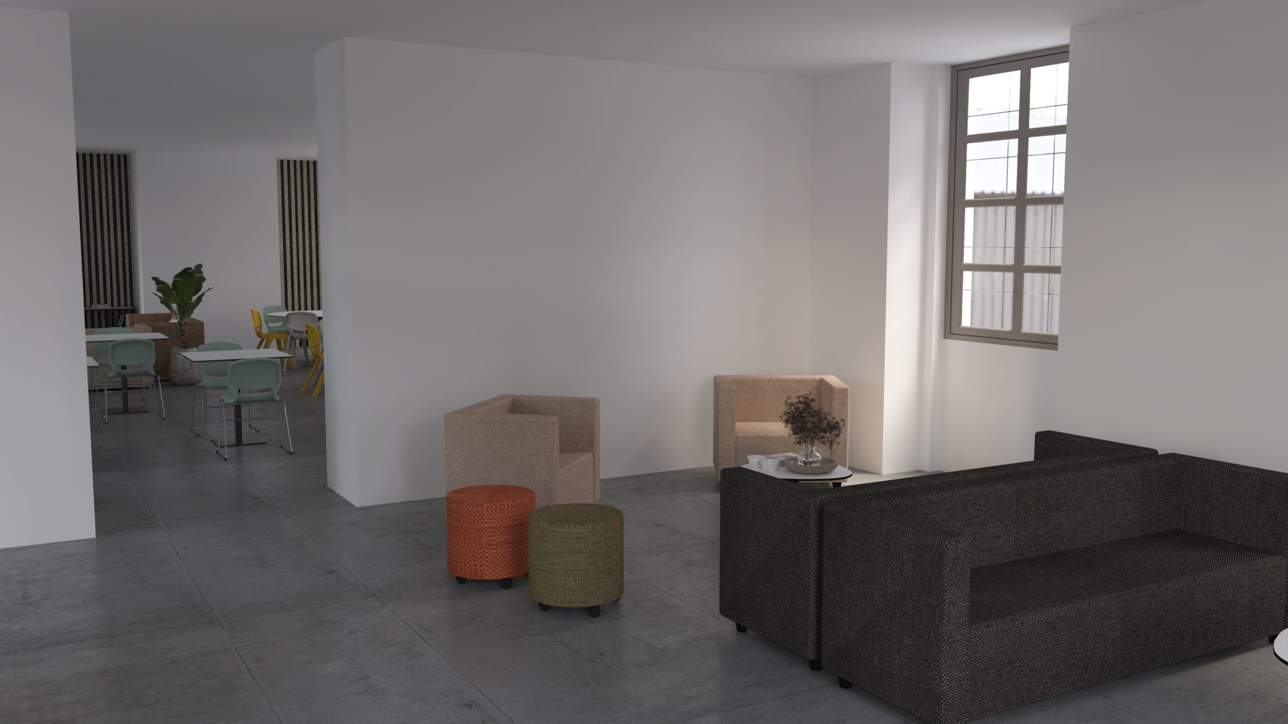 Un salon moderne et minimaliste avec un canapé foncé, deux fauteuils beiges et de petits tabourets ronds orange et verts sur un sol carrelé gris - parfait pour les espaces informels. À l'arrière-plan, des tables et des chaises sont visibles près d'une fenêtre.