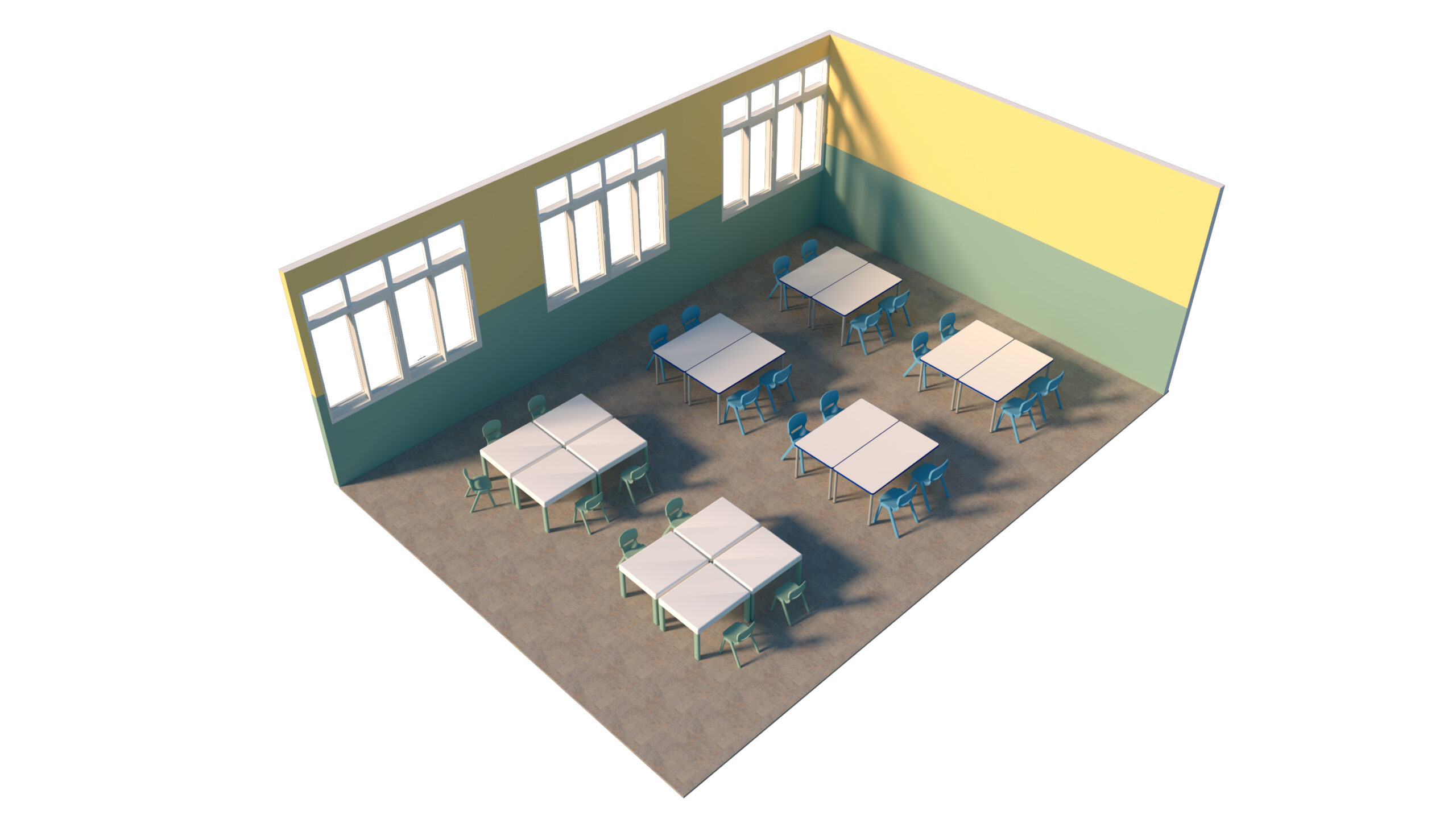 Vue isométrique d'une salle de classe avec six tables carrées, chacune entourée de quatre chaises bleues. La salle est dotée de grandes fenêtres sur un mur, de murs jaunes et verts et d'un sol marron clair.