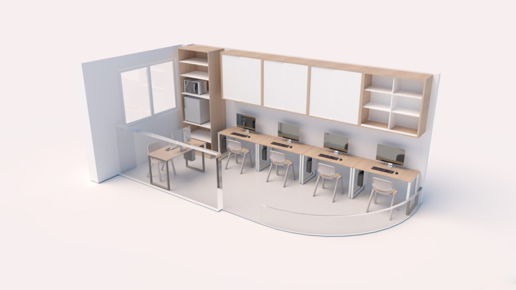 Un rendu 3D d'une salle des enseignants moderne montre quatre bureaux avec des ordinateurs en rangée, des étagères et des armoires sur le mur du fond, et une petite table avec deux chaises près d'une cloison en verre.