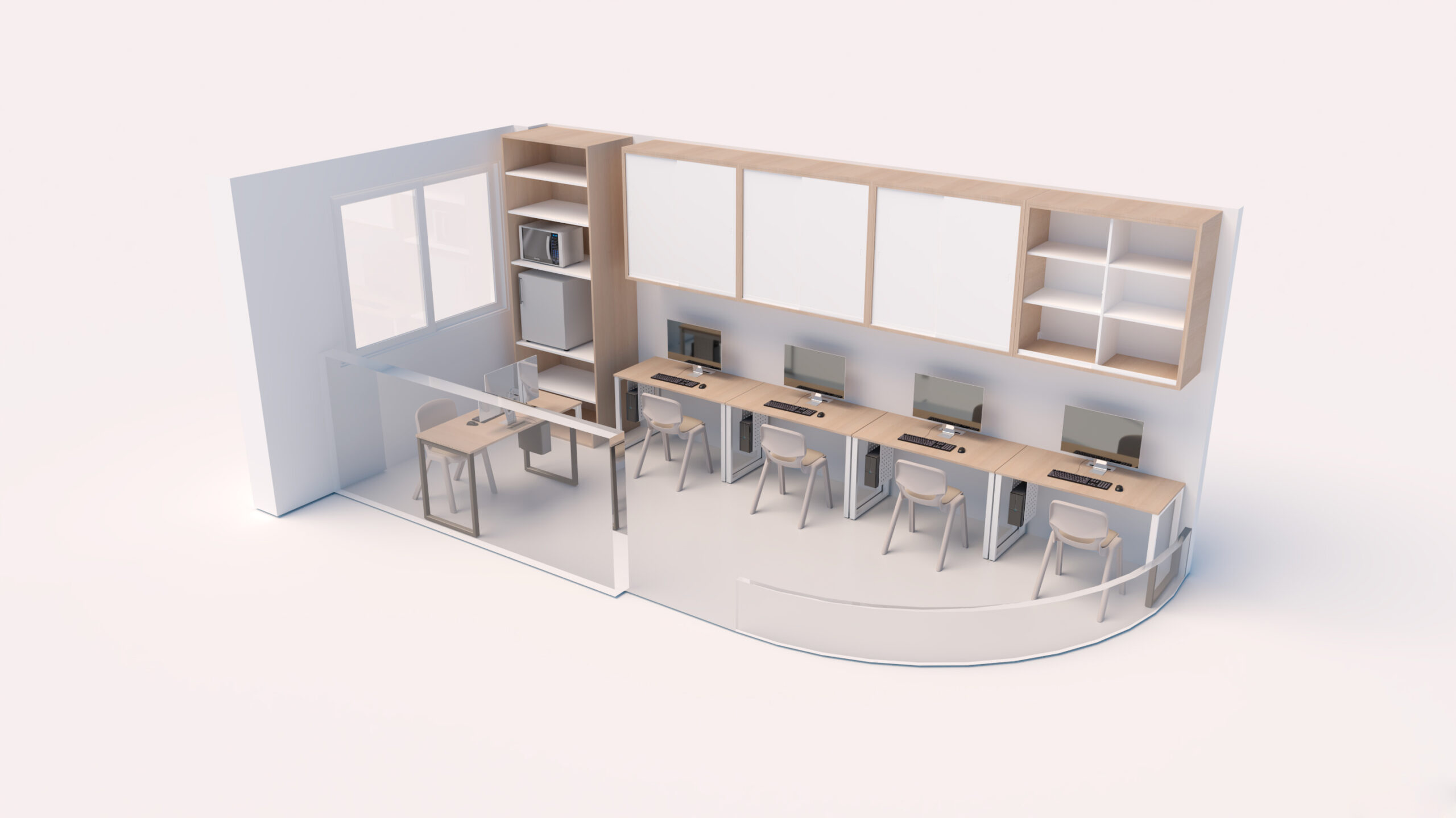 Un rendu 3D d'une salle des enseignants moderne montre quatre bureaux avec des ordinateurs en rangée, des étagères et des armoires sur le mur du fond, et une petite table avec deux chaises près d'une cloison en verre.