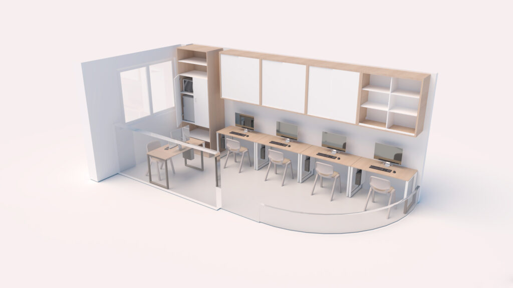 Une salle des enseignants moderne et minimaliste présente des bureaux et des chaises alignés contre un mur, chacun équipé d'un ordinateur. Une petite table et des chaises sont placées près de la fenêtre, des étagères se trouvent au-dessus des bureaux et une cloison en verre sépare l'espace de travail.
