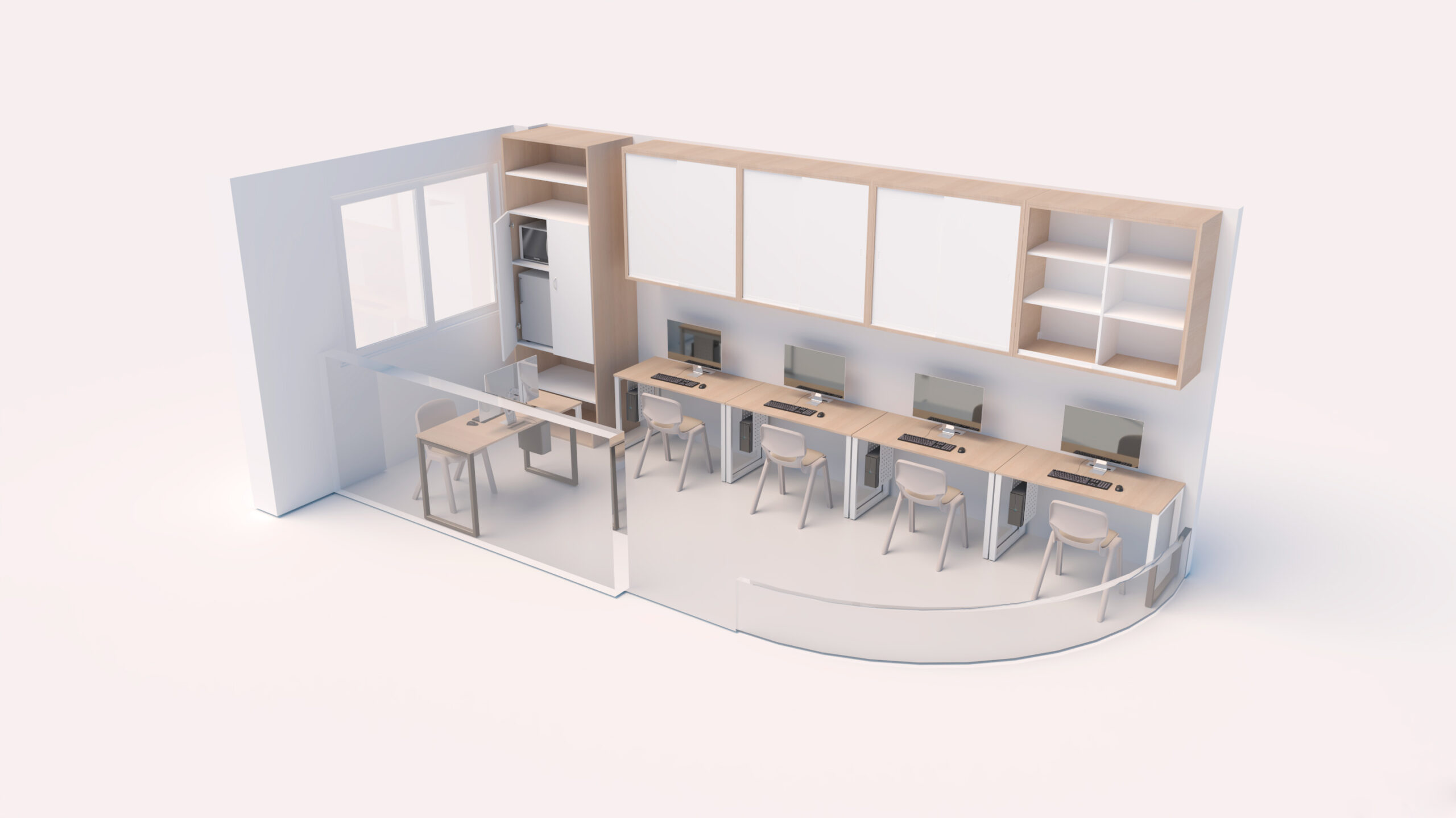 Une salle des enseignants moderne et minimaliste présente des bureaux et des chaises alignés contre un mur, chacun équipé d'un ordinateur. Une petite table et des chaises sont placées près de la fenêtre, des étagères se trouvent au-dessus des bureaux et une cloison en verre sépare l'espace de travail.