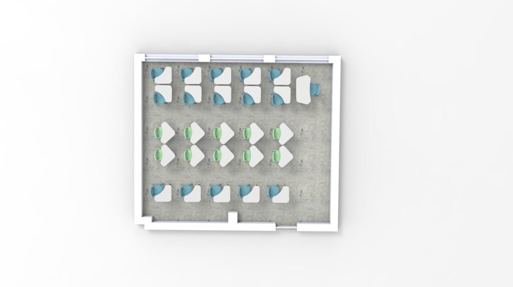 Vue de haut en bas d'une salle de classe d'école numérique avec des rangées de bureaux. Les rangées avant ont des chaises bleues, les rangées du milieu ont des chaises vertes et les rangées arrière ont des chaises bleues, toutes disposées de manière ordonnée dans une salle rectangulaire.