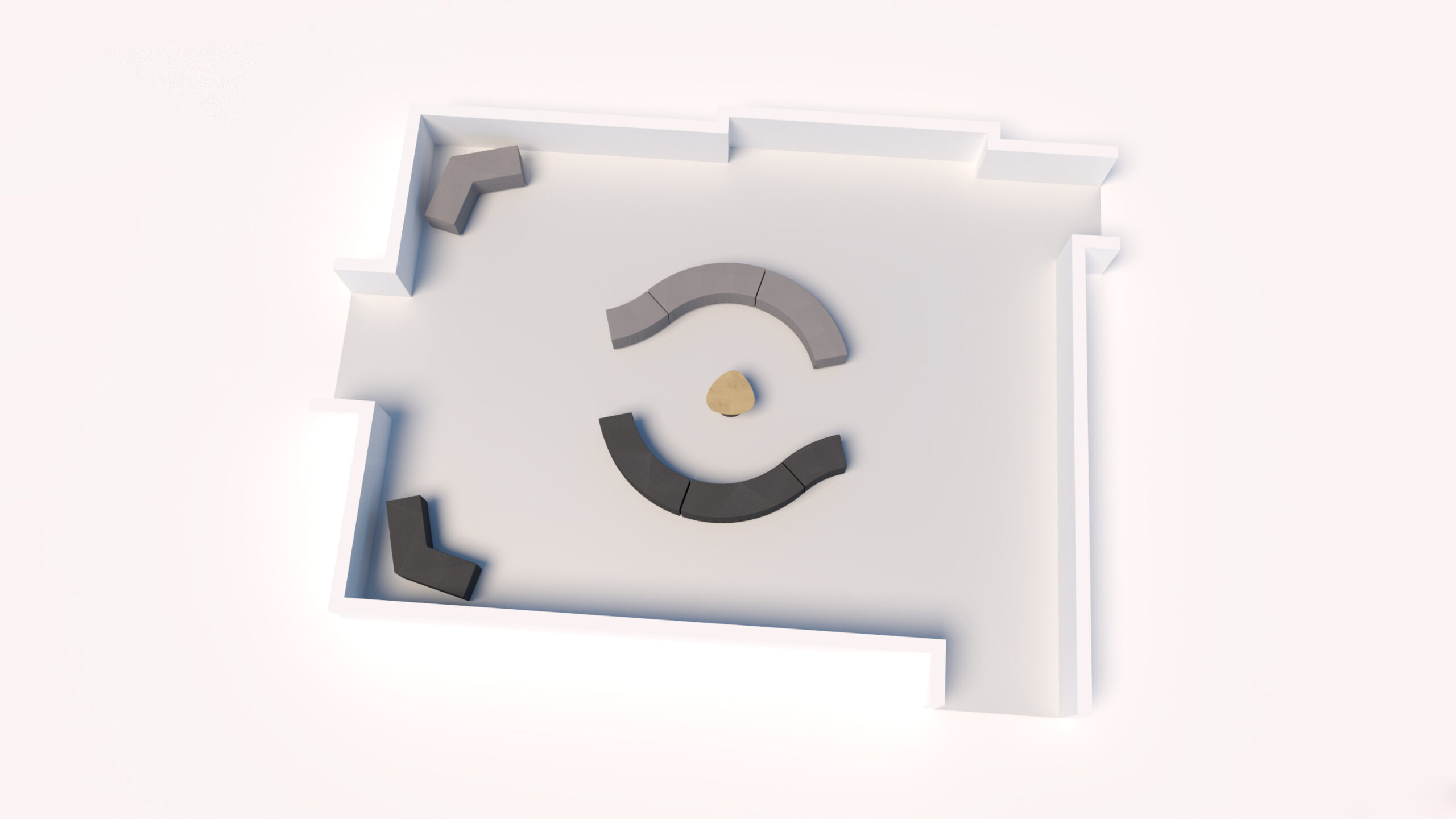 Plan minimaliste en 3D d'une pièce avec deux canapés gris incurvés formant un demi-cercle autour d'une petite table beige, conçue pour les espaces informels, et deux canapés gris en forme de L placés dans les coins opposés.