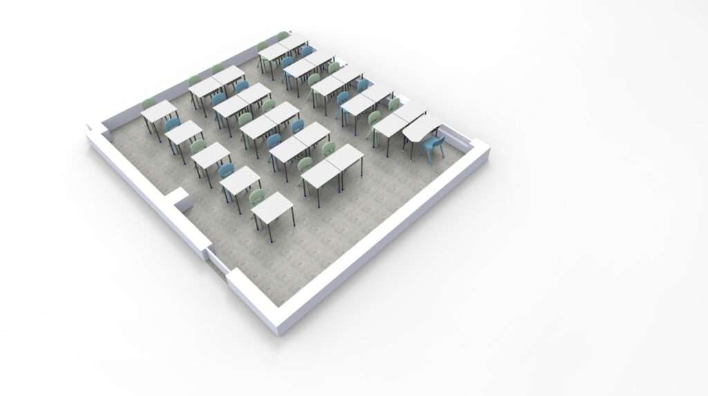 Rendu 3D d'une salle de classe avec des rangées de bureaux et de chaises disposées en grille, évoquant un environnement d'École numérique. La salle présente des murs blancs, une porte dans un coin et un sol carrelé gris.