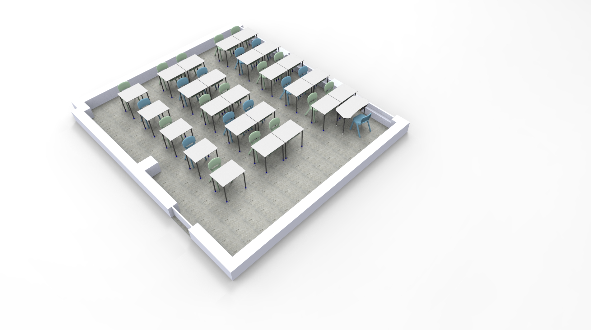 Rendu 3D d'une salle de classe avec des rangées de bureaux et de chaises disposées en grille, évoquant un environnement d'École numérique. La salle présente des murs blancs, une porte dans un coin et un sol carrelé gris.
