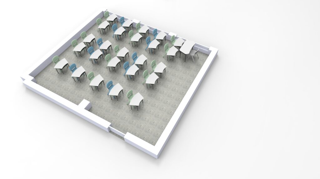 Rendu 3D d'une salle de classe d'une école numérique avec des bureaux et des chaises en grappes vertes et bleues, tous orientés vers l'avant. L'espace présente un sol gris clair et des murs blancs, reflétant un environnement moderne pour l'enseignement en ligne.