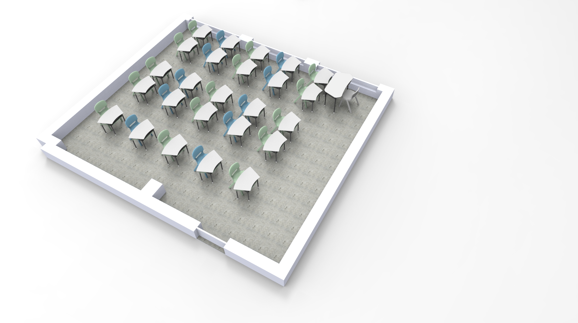 Rendu 3D d'une salle de classe d'une école numérique avec des bureaux et des chaises en grappes vertes et bleues, tous orientés vers l'avant. L'espace présente un sol gris clair et des murs blancs, reflétant un environnement moderne pour l'enseignement en ligne.