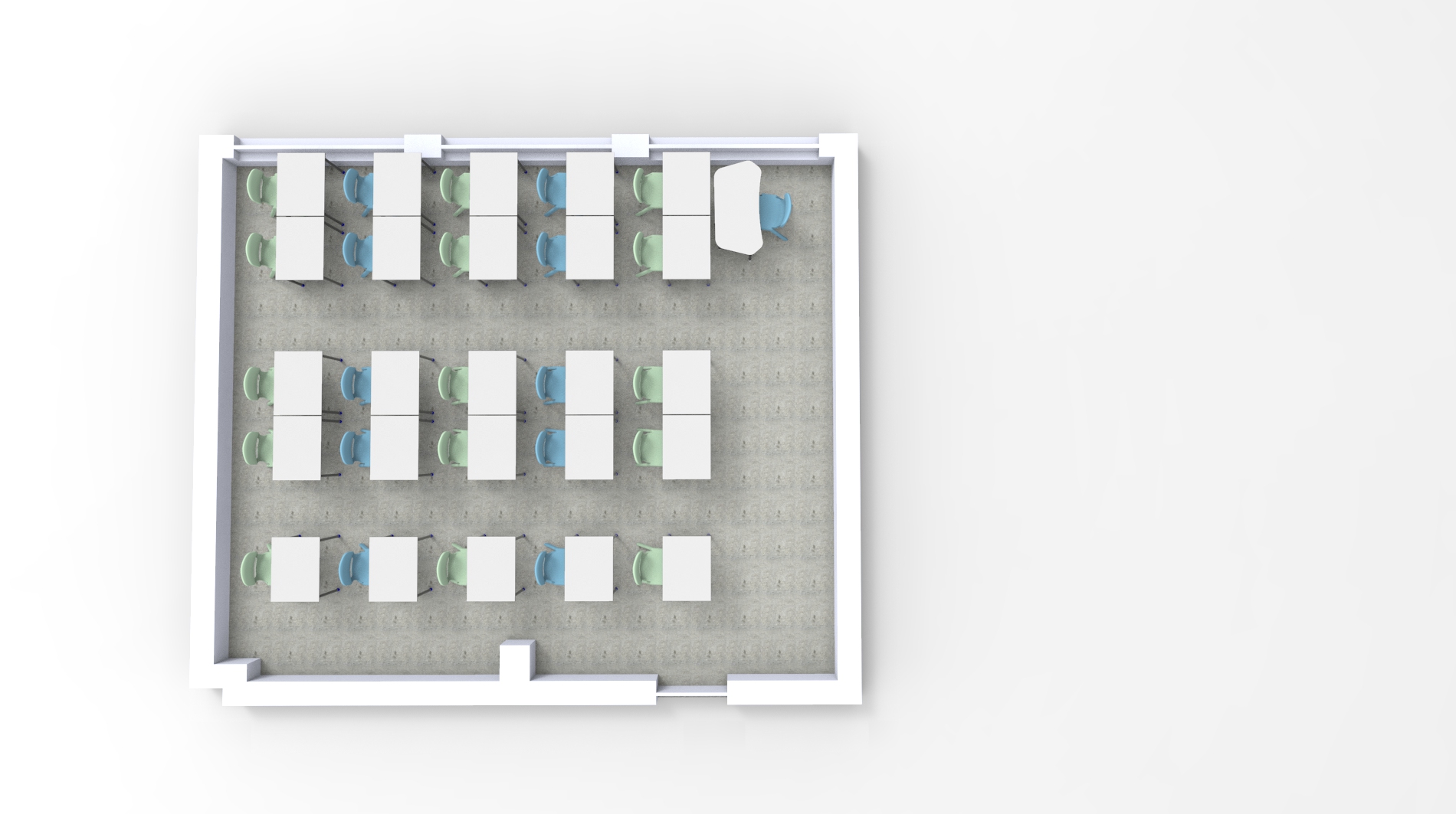 Vue de haut en bas d'une salle de classe avec des rangées de bureaux et de chaises d'élèves faisant face à un grand bureau d'enseignant à l'avant, reflétant une école numérique avec une organisation soignée et une palette de couleurs modernes et neutres.