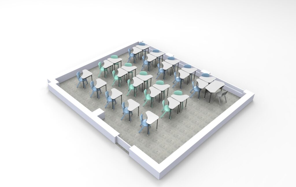 Rendu 3D d'une salle de classe aux murs gris clair, comprenant 20 bureaux et chaises dans les tons bleu clair, vert et blanc. Cette installation moderne met en valeur l'environnement d'une école numérique adaptée à l'enseignement numérique. Le sol est gris.
