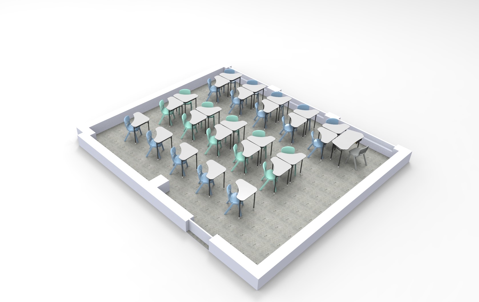 Rendu 3D d'une salle de classe aux murs gris clair, comprenant 20 bureaux et chaises dans les tons bleu clair, vert et blanc. Cette installation moderne met en valeur l'environnement d'une école numérique adaptée à l'enseignement numérique. Le sol est gris.
