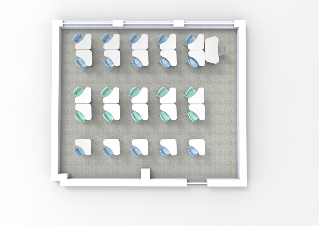 Vue de haut en bas d'une salle de classe avec trois rangées de bureaux et de chaises blancs, chaque rangée contenant six bureaux. À l'avant, un bureau et une chaise plus grands suggèrent l'intégration d'une école numérique moderne ou d'un enseignement en ligne.
