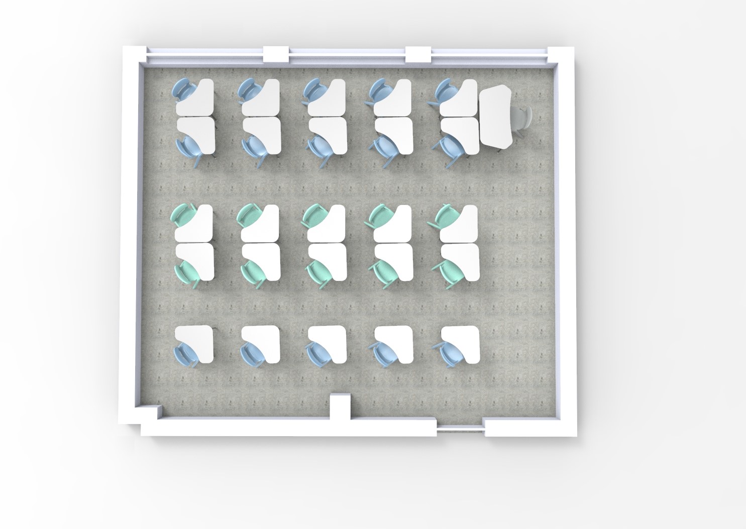 Vue de haut en bas d'une salle de classe avec trois rangées de bureaux et de chaises blancs, chaque rangée contenant six bureaux. À l'avant, un bureau et une chaise plus grands suggèrent l'intégration d'une école numérique moderne ou d'un enseignement en ligne.