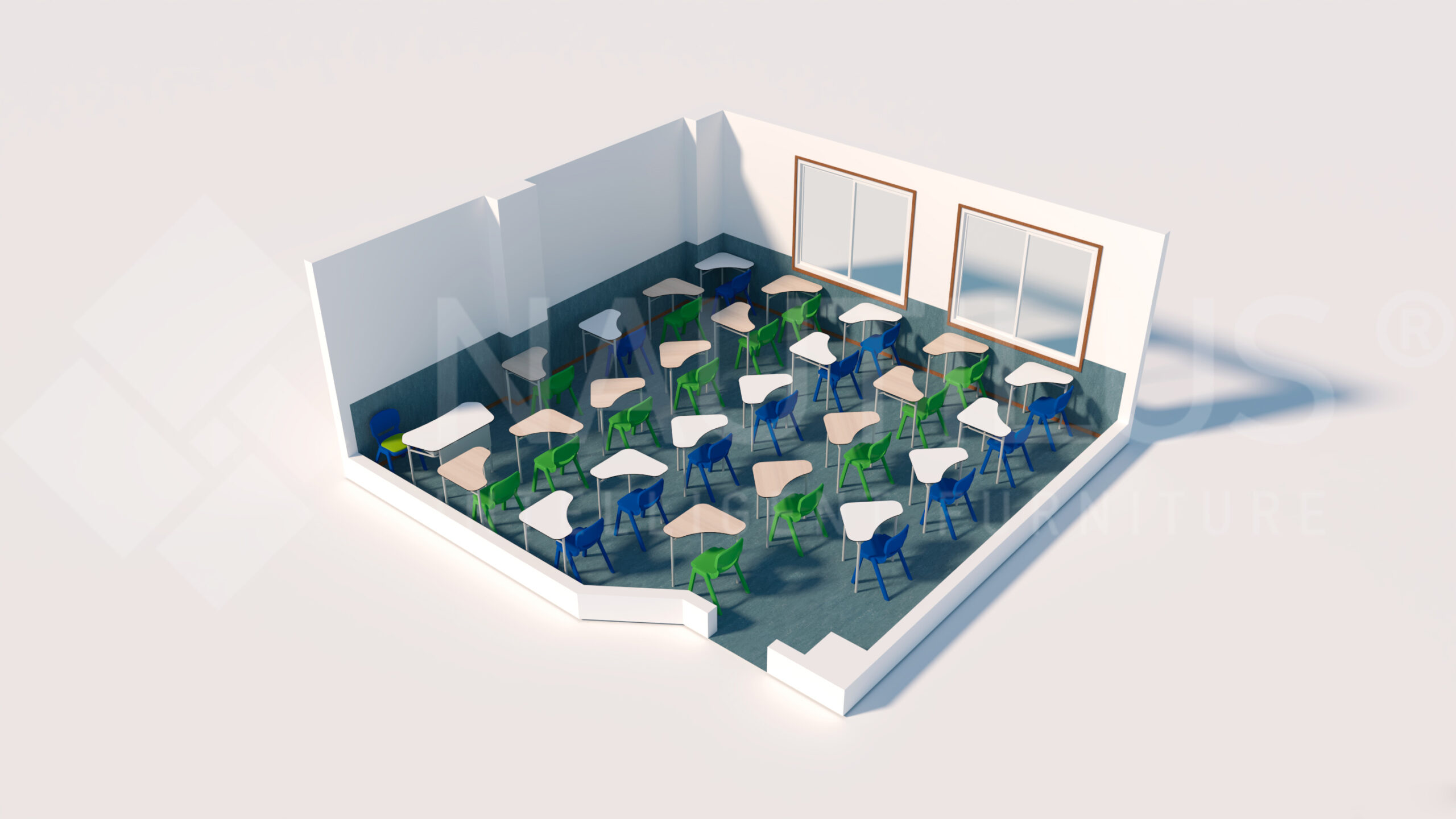 Rendu 3D d'une salle de classe conçue pour l'école numérique, avec plusieurs bureaux triangulaires et des chaises mixtes bleues et vertes disposées en rangées, face à deux grandes fenêtres. La salle a des murs blancs et un sol gris.