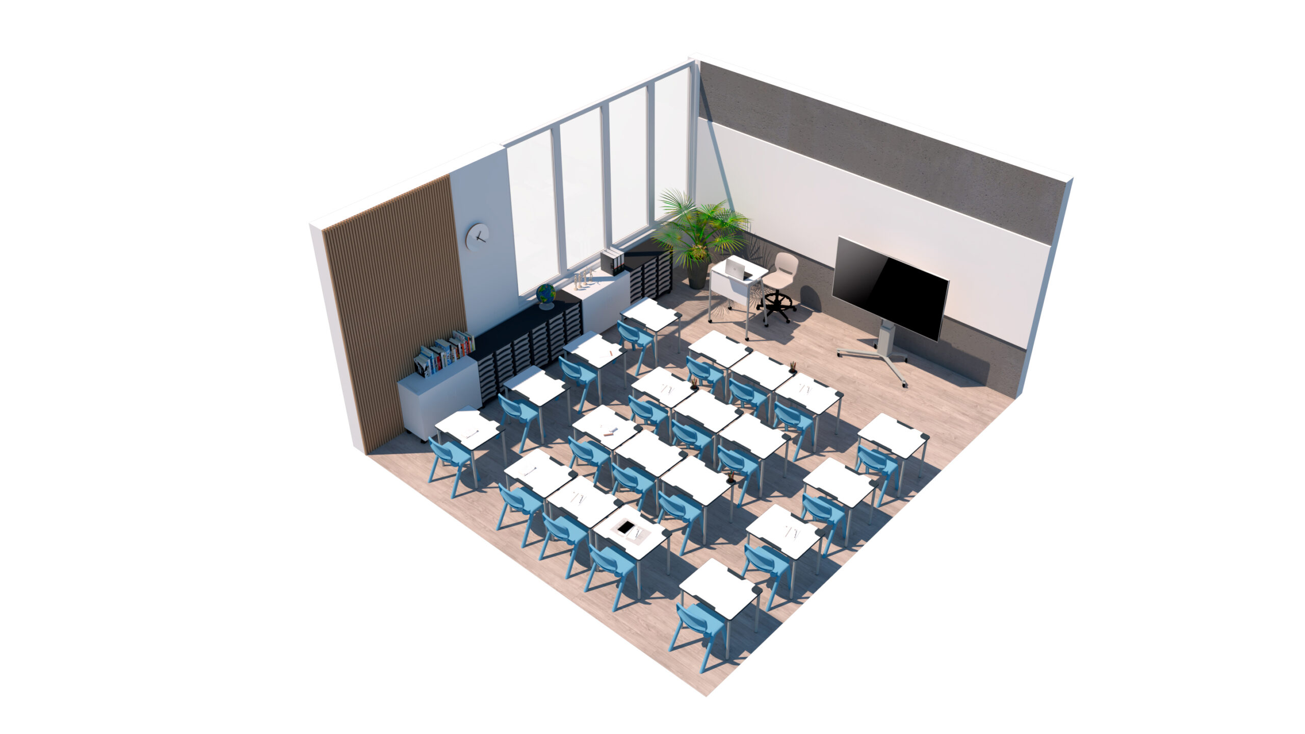 Une salle de classe moderne avec des rangées de bureaux et de chaises bleus, un bureau d'enseignant, des étagères, un écran de télévision pour une école numérique, de grandes fenêtres, une horloge et une plante en pot dans un coin. Le sol est en bois clair et les murs sont blancs.