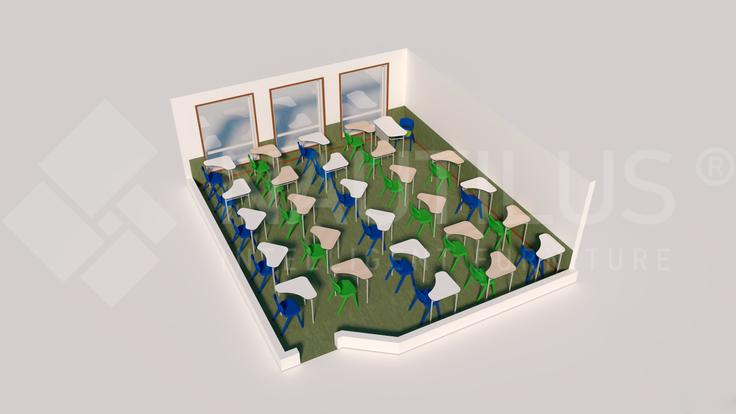 Une salle de classe avec trois murs, trois fenêtres et plusieurs rangées de bureaux et de chaises - bleus et verts - disposés par paires et par groupes ; les bureaux de couleur claire créent un environnement accueillant pour l'école numérique.