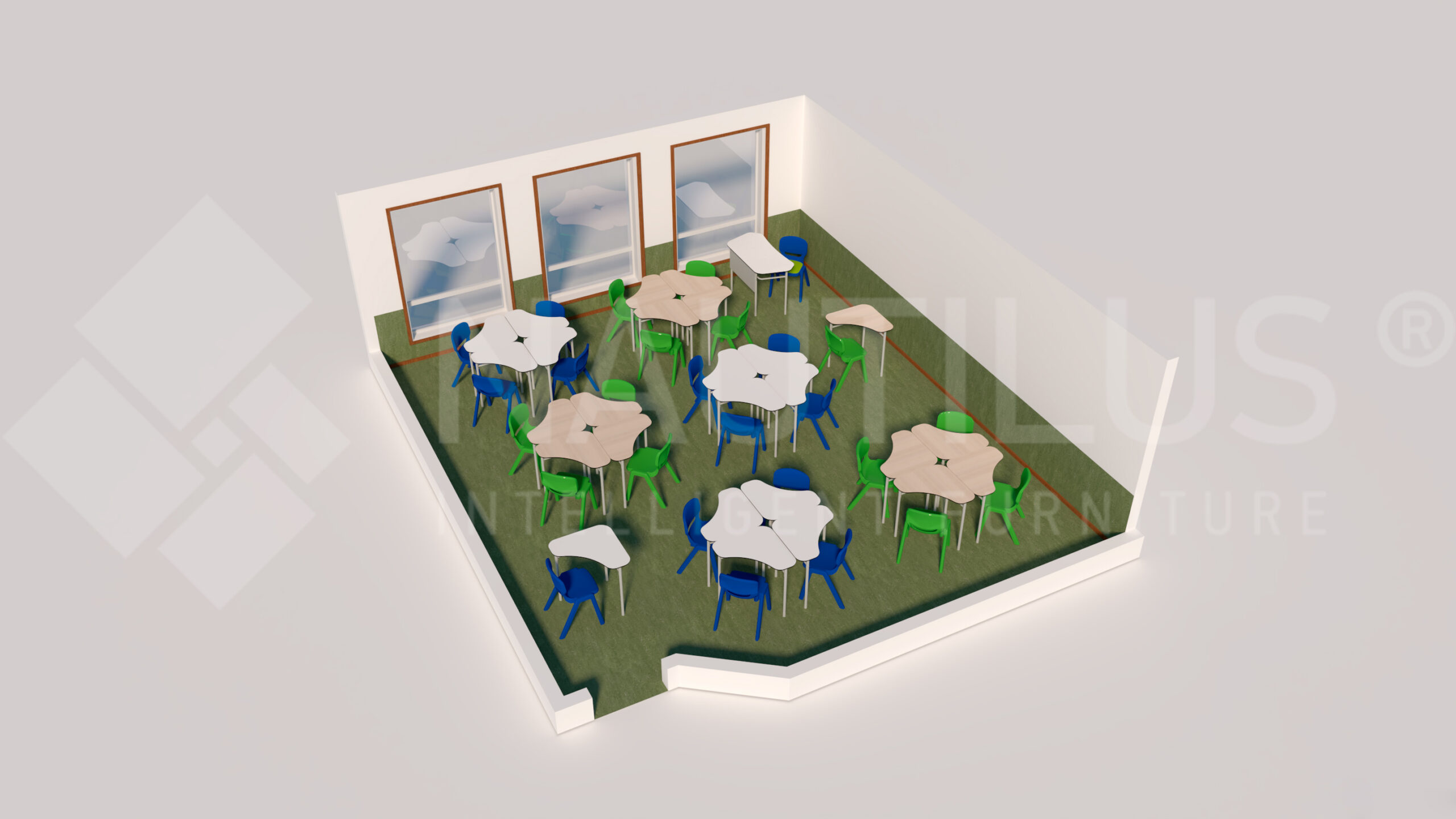 Une salle de classe en 3D avec une moquette verte, trois grandes fenêtres et plusieurs tables hexagonales entourées de chaises bleues et vertes - parfaite pour une école numérique qui adopte des environnements d'apprentissage modernes, basés sur la technologie.