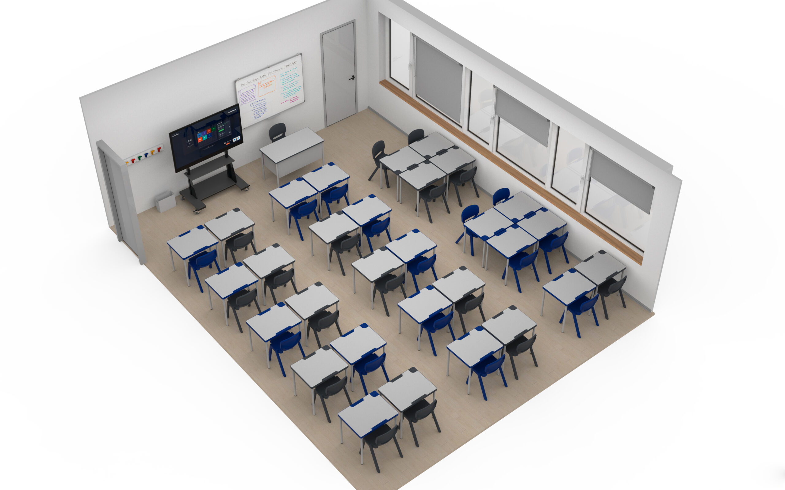 Rendu 3D d'une salle de classe moderne dans une école numérique, comprenant six groupes de bureaux et de chaises, un bureau d'enseignant, un tableau intelligent, un tableau blanc avec écriture, des fenêtres avec stores, et une porte à l'arrière.