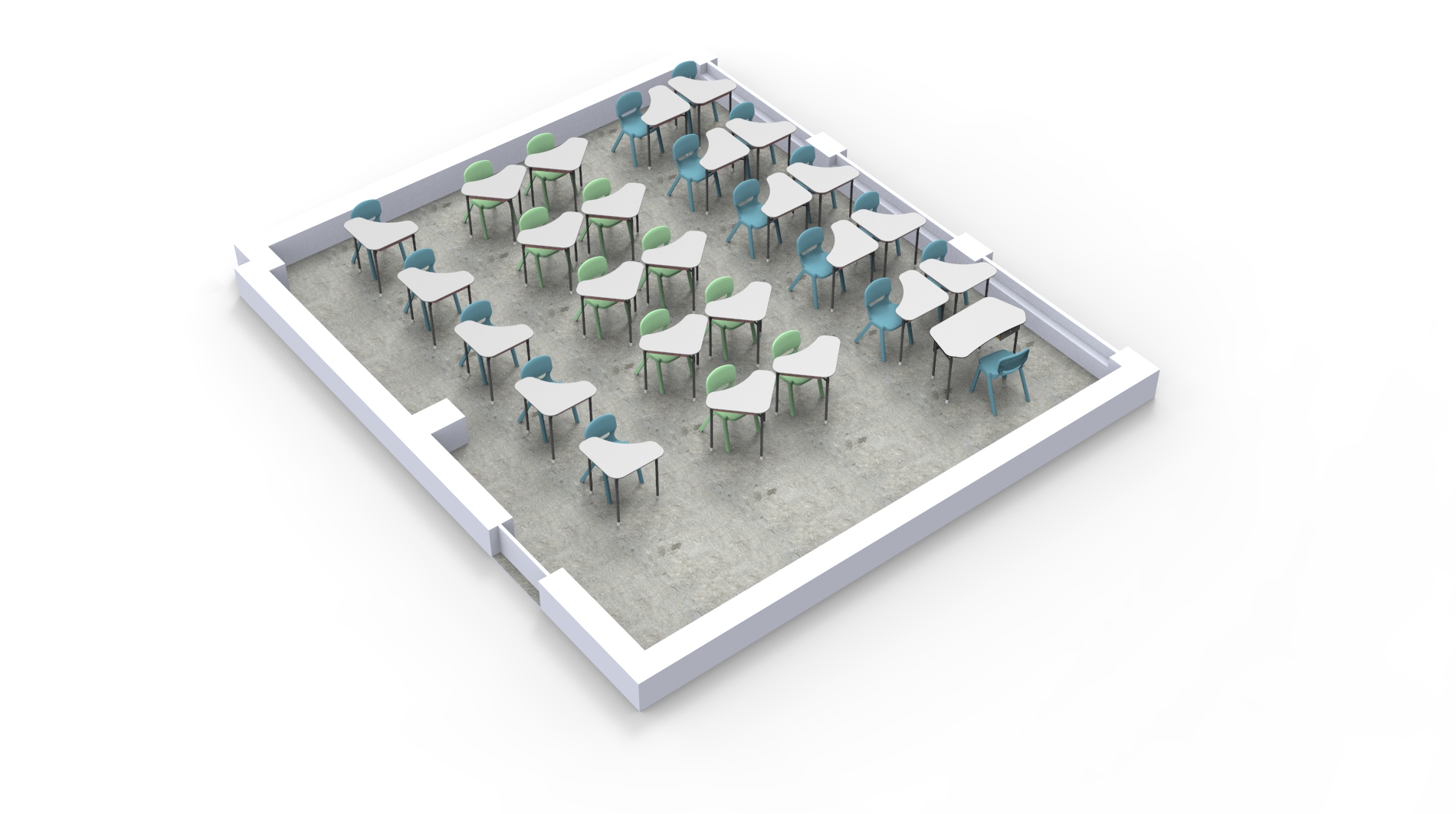 Une salle de classe avec plusieurs rangées de bureaux et de chaises modernes et incurvés, bleus et verts, disposés en quinconce dans une pièce rectangulaire, parfaite pour accueillir une école numérique aux murs blancs et au sol gris.