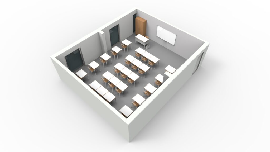 Rendu 3D d'une salle de classe avec des rangées de bureaux et de chaises faisant face à un bureau d'enseignant, un tableau blanc et un meuble de rangement ; la salle minimaliste, idéale pour l'École numérique, est dotée de deux portes et d'un décor moderne.