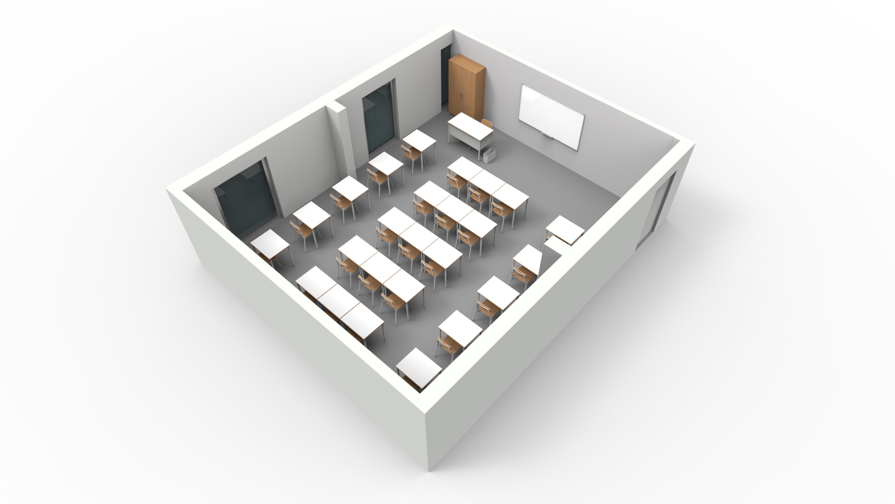 Rendu 3D d'une salle de classe avec des rangées de bureaux et de chaises faisant face à un bureau d'enseignant, un tableau blanc et un meuble de rangement ; la salle minimaliste, idéale pour l'École numérique, est dotée de deux portes et d'un décor moderne.