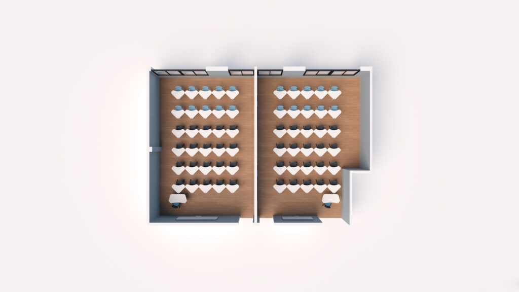 Vue de haut en bas de deux salles de classe adjacentes séparées par une cloison, chacune avec des rangées de bureaux et de chaises face à l'avant, de grandes fenêtres d'un côté, des sols en bois - idéales pour les sessions d'Aula Mentor dans le cadre des programmes CEPA ou Ateca.