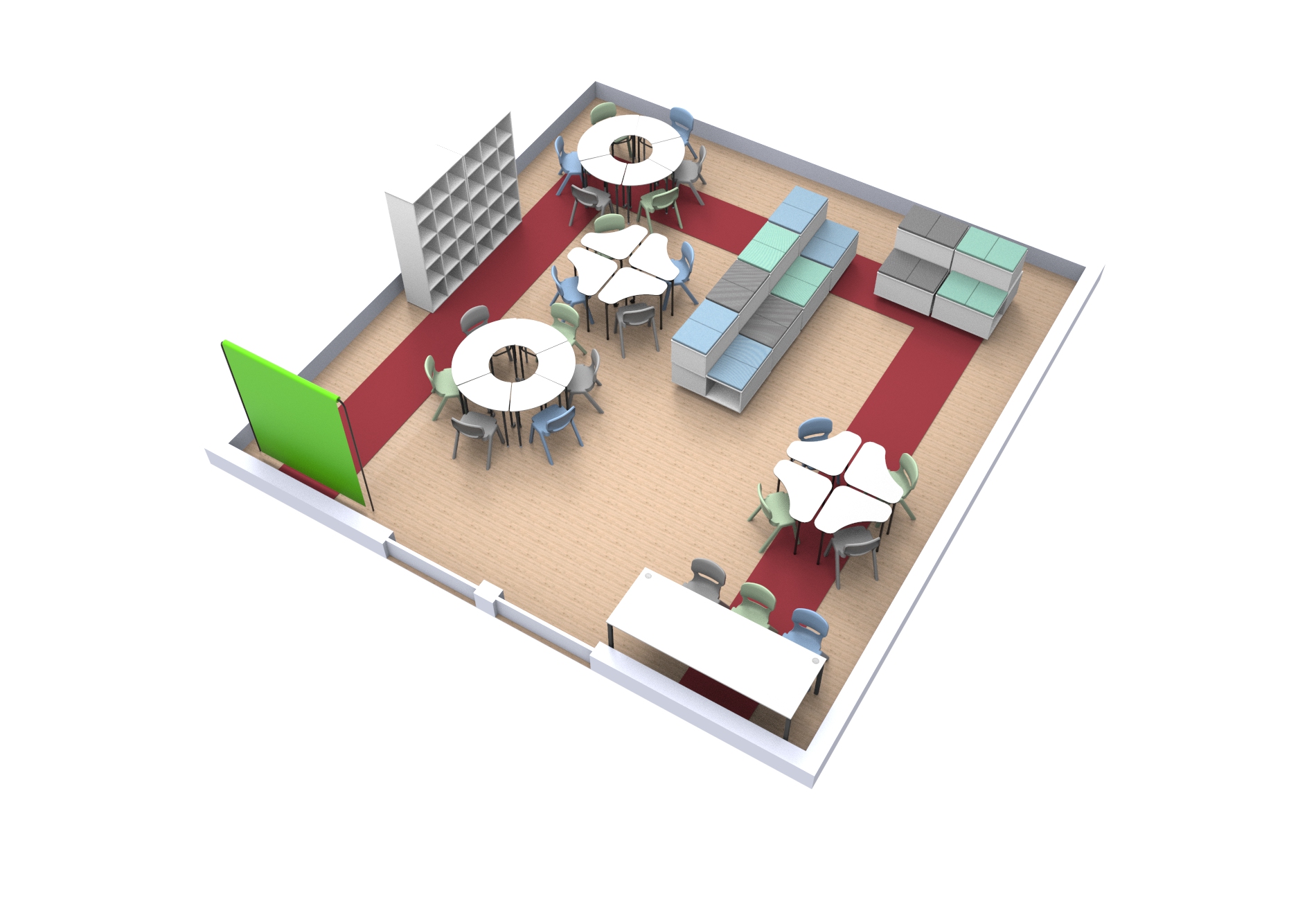 Plan en 3D d'une salle de classe Aula Mentor avec des tables rondes et carrées, des chaises, des étagères, des meubles de rangement, un bureau d'enseignant et un tableau vert. Le sol beige comporte des allées recouvertes de moquette rouge pour un agencement moderne de la CEPA.