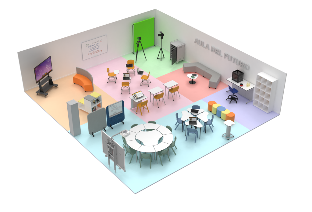 Salle de classe en 3D intitulée "Aula del Futuro" avec des zones colorées, des tables rondes et rectangulaires, des chaises variées, des étagères, des tableaux blancs, un écran vert, une caméra et un écran interactif - un espace innovant inspiré d'Ateca pour l'apprentissage collaboratif.