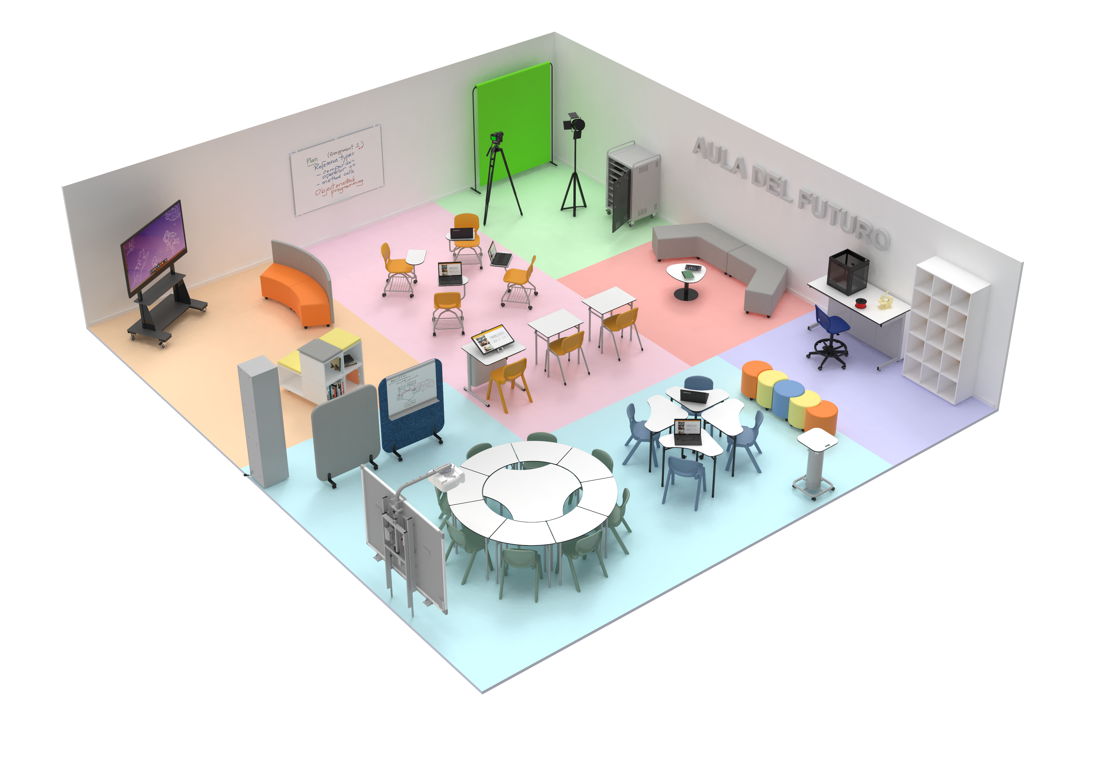 Salle de classe en 3D intitulée "Aula del Futuro" avec des zones colorées, des tables rondes et rectangulaires, des chaises variées, des étagères, des tableaux blancs, un écran vert, une caméra et un écran interactif - un espace innovant inspiré d'Ateca pour l'apprentissage collaboratif.
