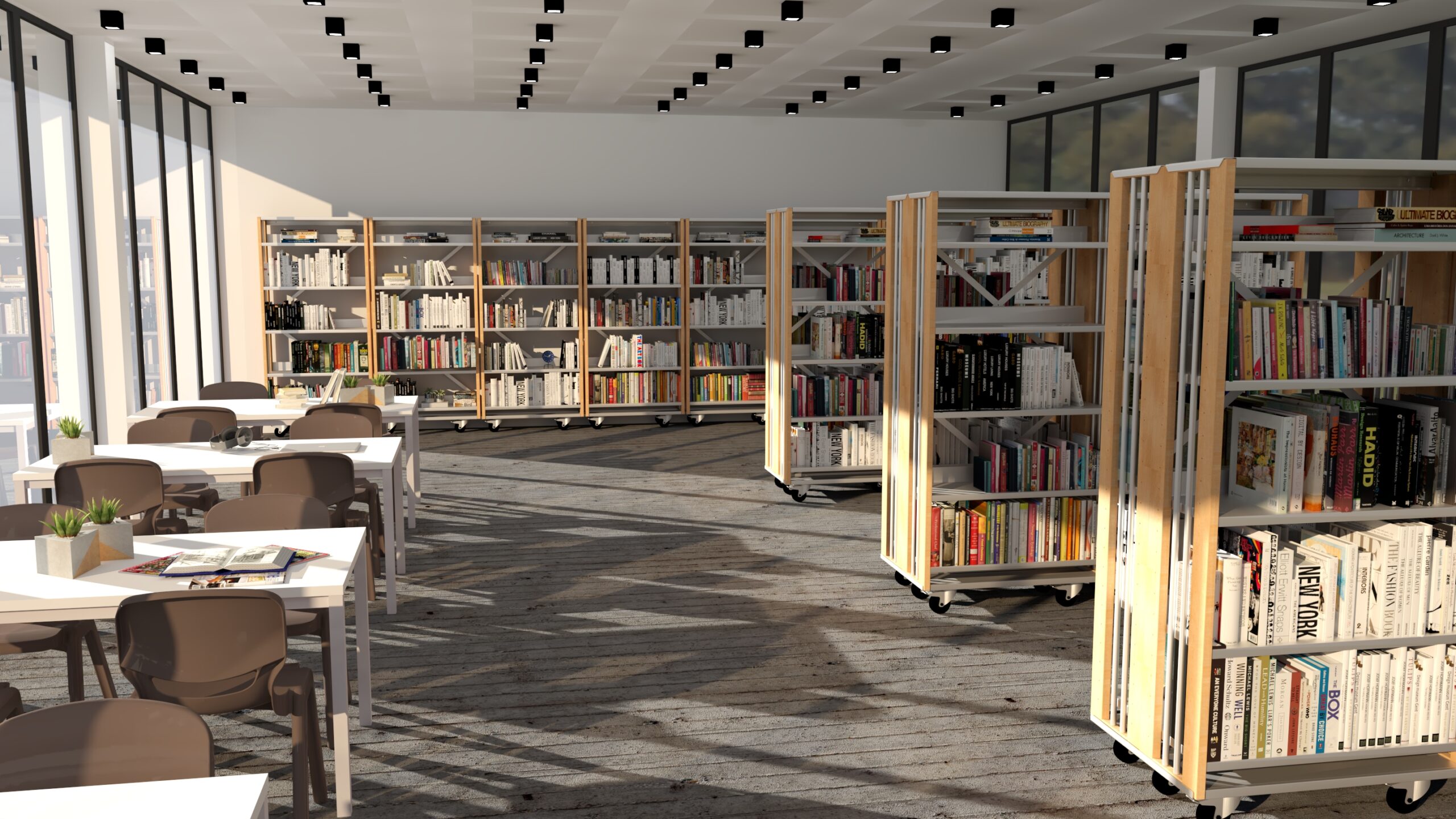 Une bibliothèque moderne avec de grandes fenêtres, des étagères remplies de livres et des tables avec des chaises pour lire ou étudier. La lumière du soleil entre à flots, projetant des ombres sur le sol.