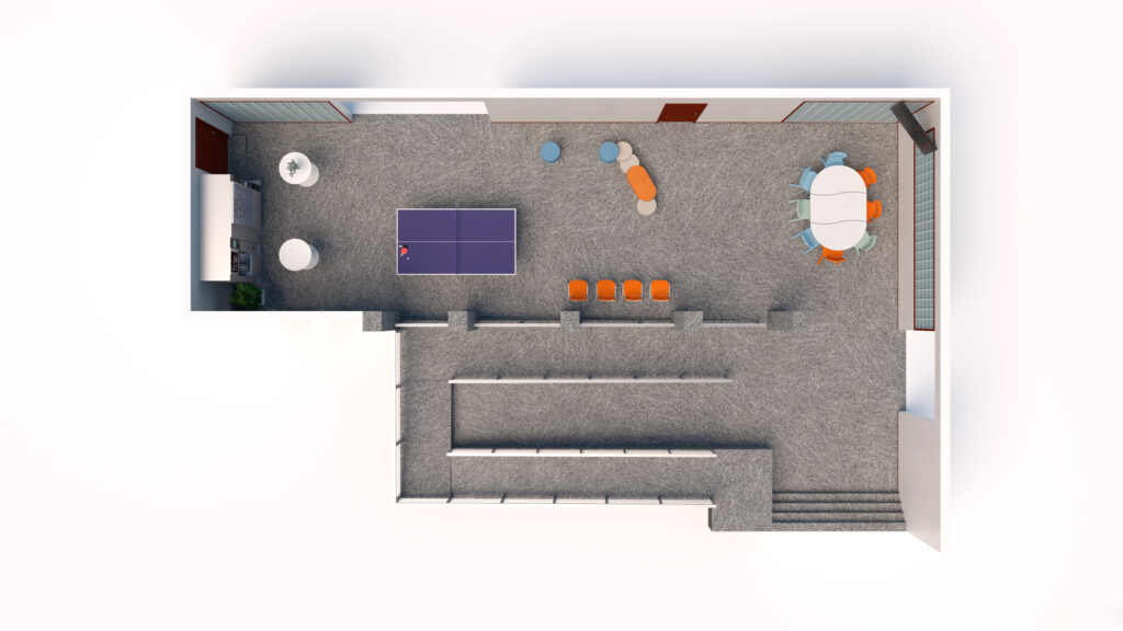 Plan d'un bâtiment mettant en évidence les espaces informels conçus pour des interactions et des collaborations décontractées.