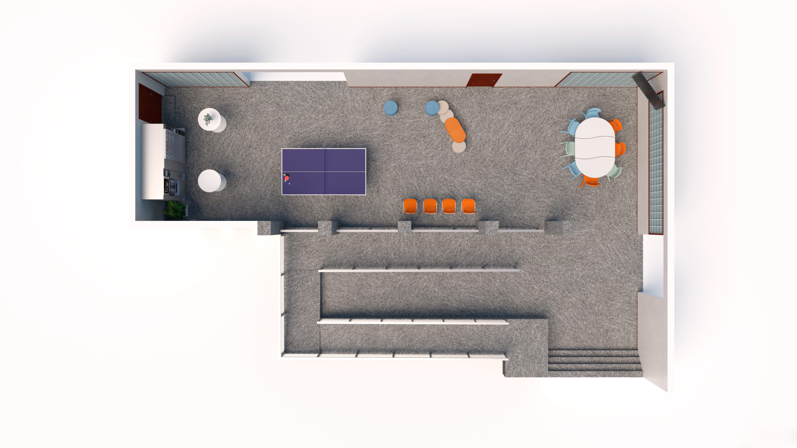 Plan d'un bâtiment mettant en évidence les espaces informels conçus pour des interactions et des collaborations décontractées.