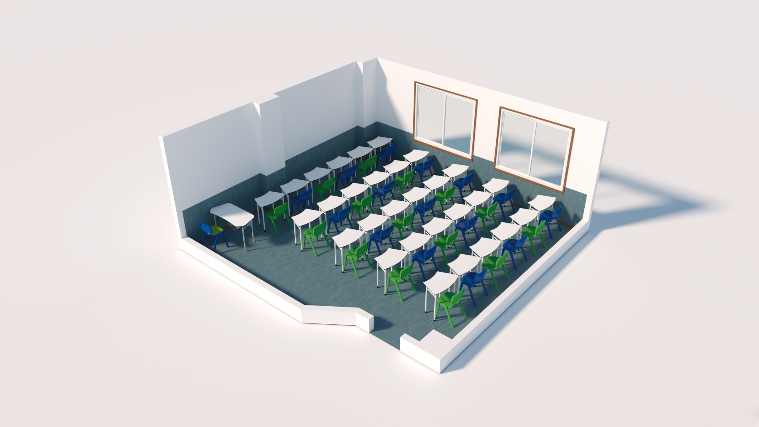 Rendu 3D d'une salle de classe avec des rangées de bureaux et de chaises orientées vers l'avant, de grandes fenêtres sur un mur et un seul bureau séparé près du coin avant - parfait pour une école numérique ou un enseignement en ligne.