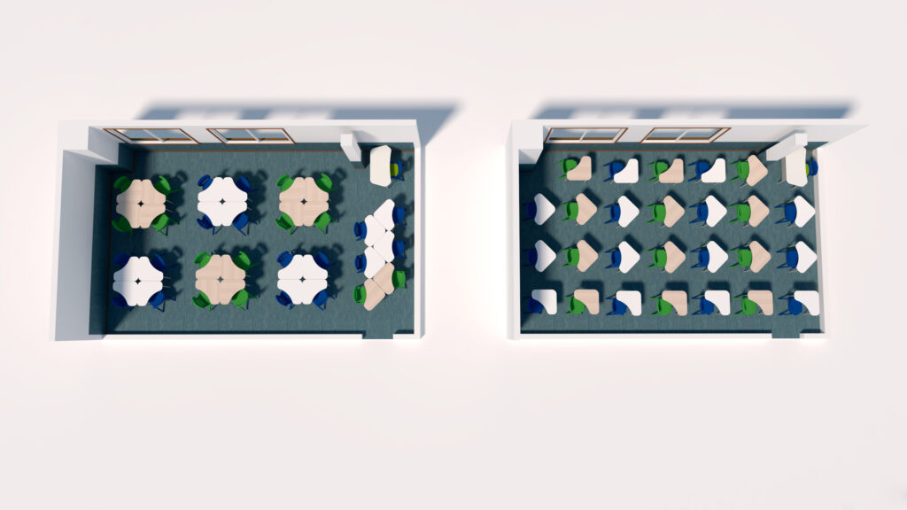 Vue de haut en bas de deux salles adjacentes dans une école numérique : la salle de gauche comporte des tables rondes avec des chaises, tandis que la salle de droite comporte des rangées de bureaux rectangulaires et des chaises orientées vers l'avant. Les deux salles de classe ont des fenêtres et des portes.