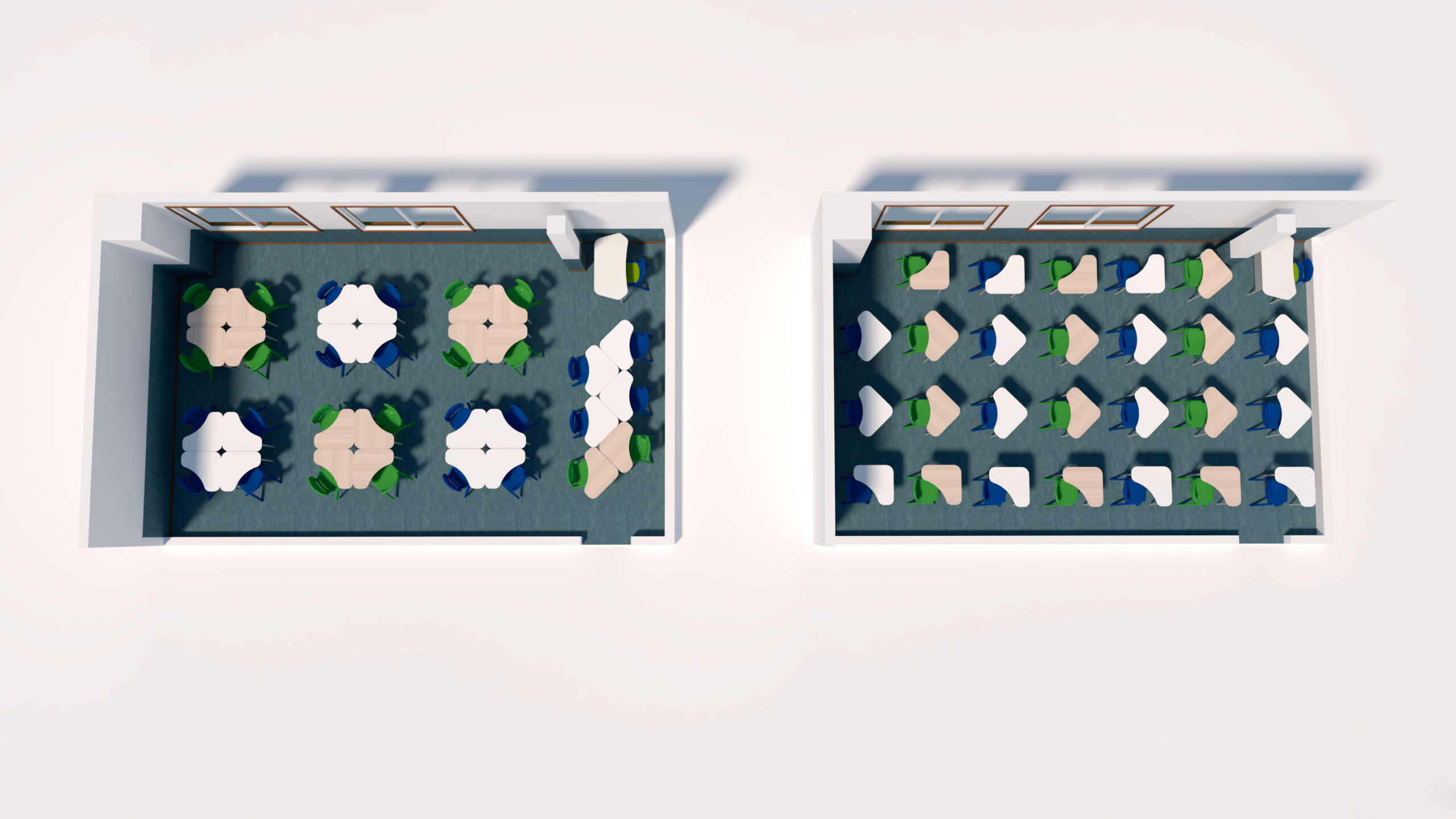 Vue de haut en bas de deux salles adjacentes dans une école numérique : la salle de gauche comporte des tables rondes avec des chaises, tandis que la salle de droite comporte des rangées de bureaux rectangulaires et des chaises orientées vers l'avant. Les deux salles de classe ont des fenêtres et des portes.