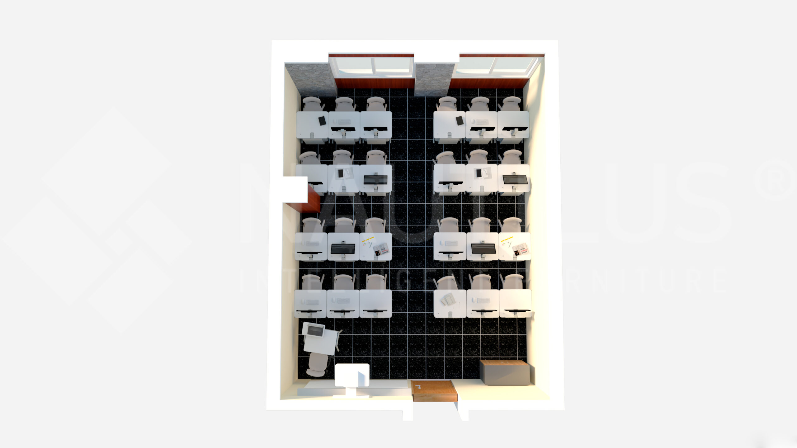 Vue de haut en bas d'une salle de classe avec six rangées de bureaux et de chaises blancs, un bureau d'enseignant à l'avant près de la porte, des fenêtres le long du mur du fond et un sol noir carrelé.