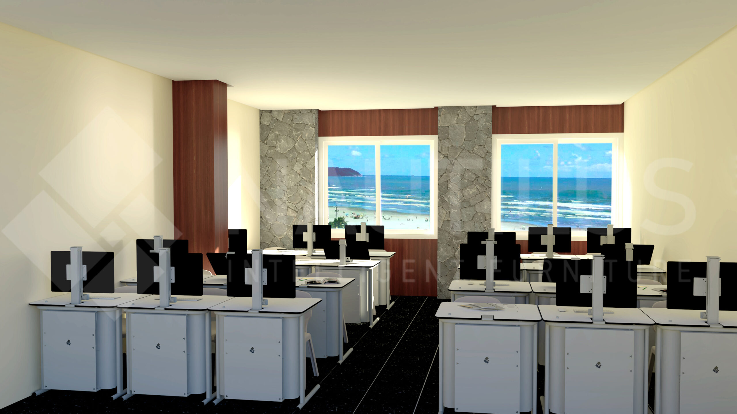 Une salle de classe moderne avec des rangées de bureaux blancs et des écrans d'ordinateur, face à deux grandes fenêtres avec une vue pittoresque sur l'océan et la plage à l'extérieur. Les murs sont clairs et la moquette foncée.