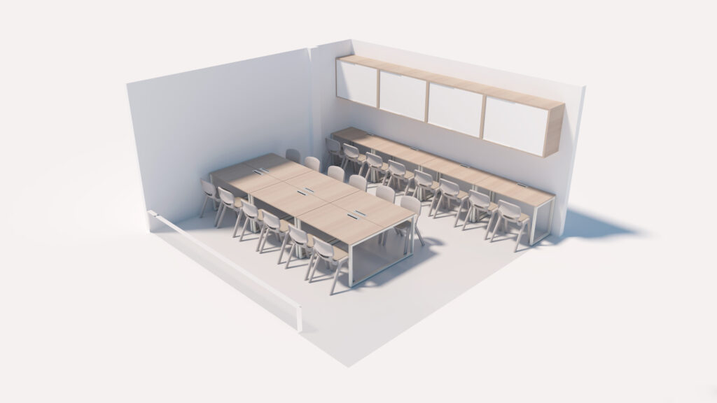 Une salle des enseignants moderne avec deux grandes tables en forme de U, des chaises autour, une rangée de bureaux avec des chaises contre le mur et des armoires de rangement montées au-dessus.