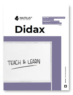 A whiteboard with text. This scene appears on the cover of a Didax catalogue in english devoted to boards and writing accessories.